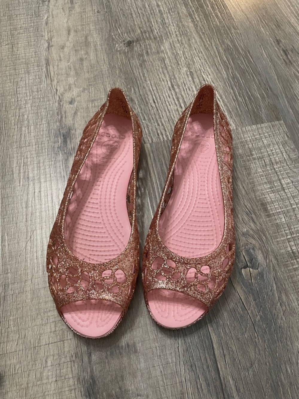 CROCS Kids Glitter Peep-Toe Flats - Pink and Rose Gold